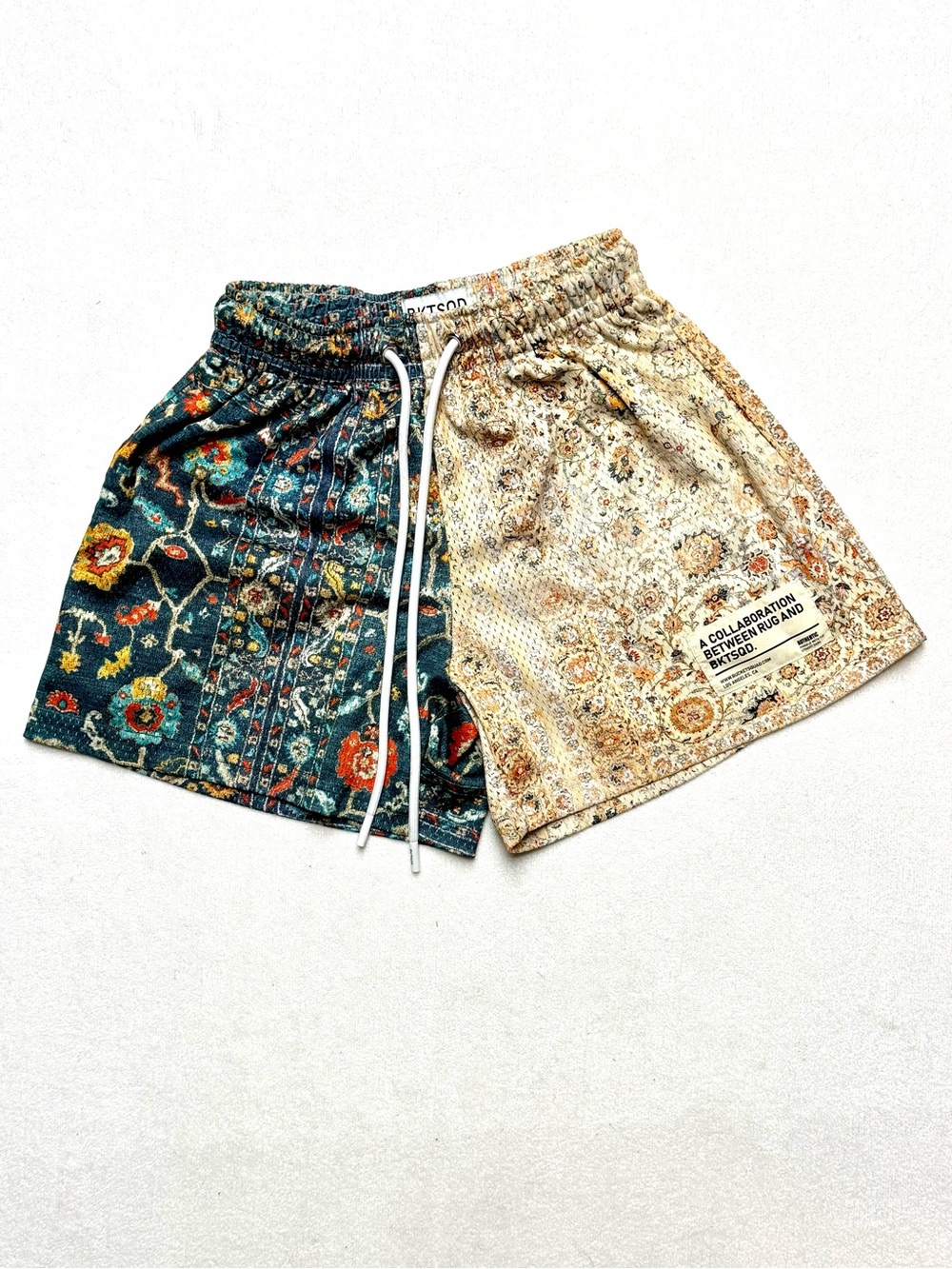 Paisley Split-Panel Athletic Shorts - Teal & Cream
